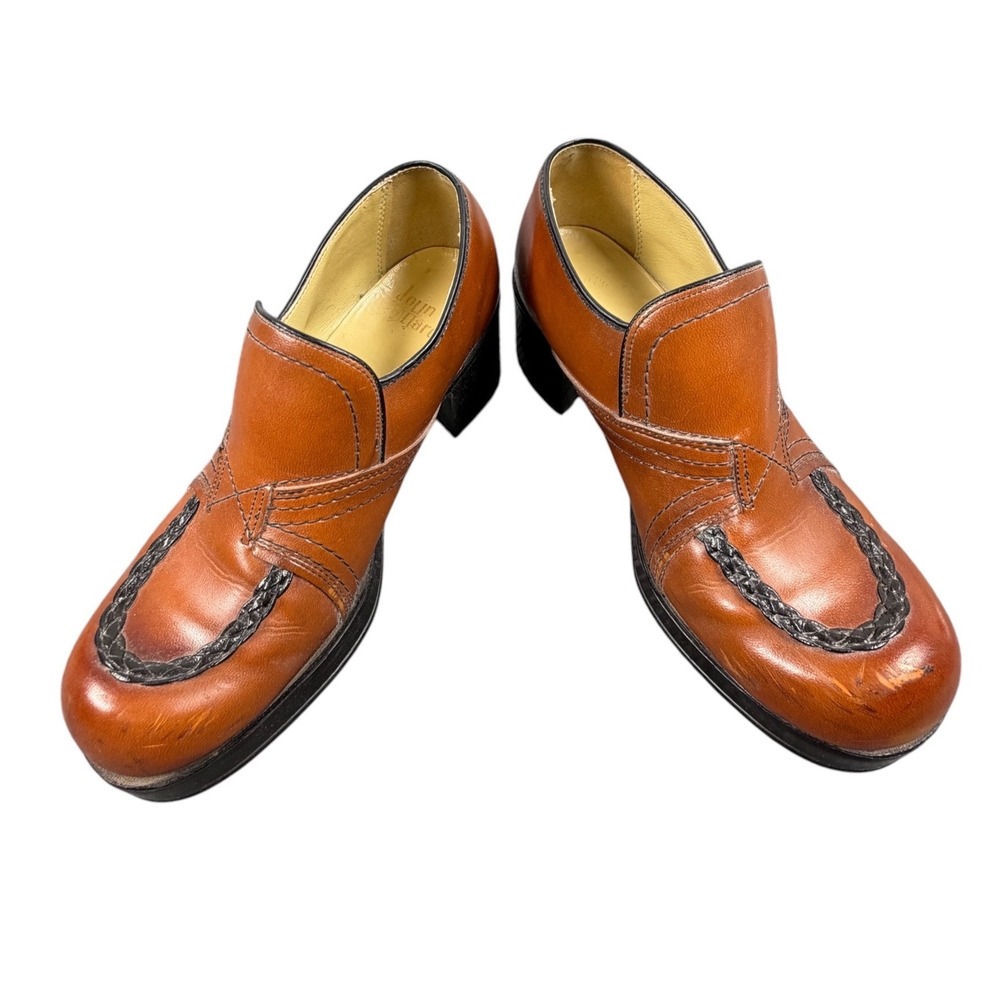 John Hardy 1970s Disco Mens Loafers Vintage Braided Leather Brown Chunky Heel 10